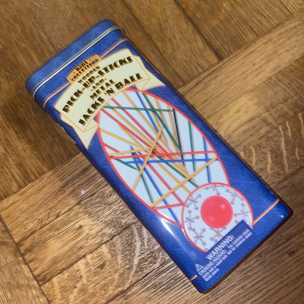 Wooden Pick Up Sticks and Tin